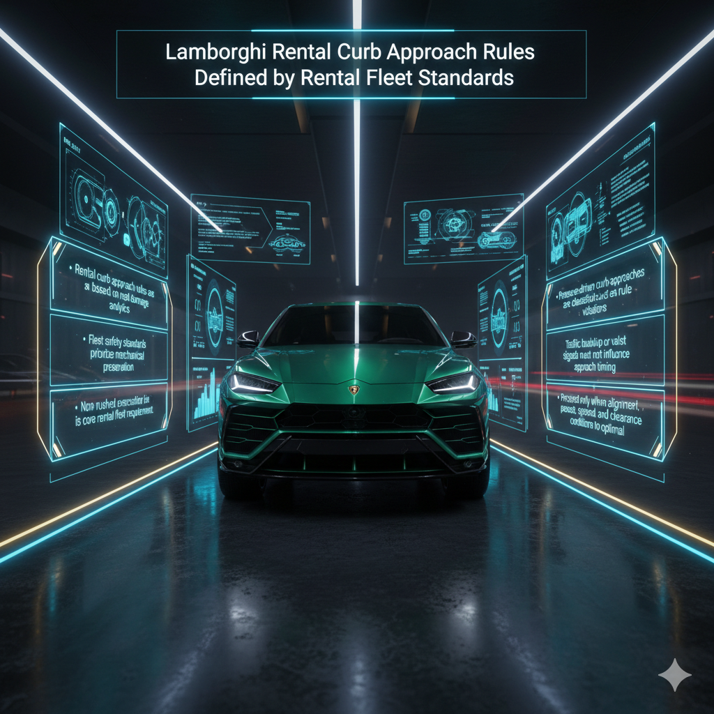 Futuristic Lamborghini rental fleet training infographic showing a luxury Lamborghini SUV with holographic panels explaining curb approach rules based on rental fleet safety standards and damage analytics.