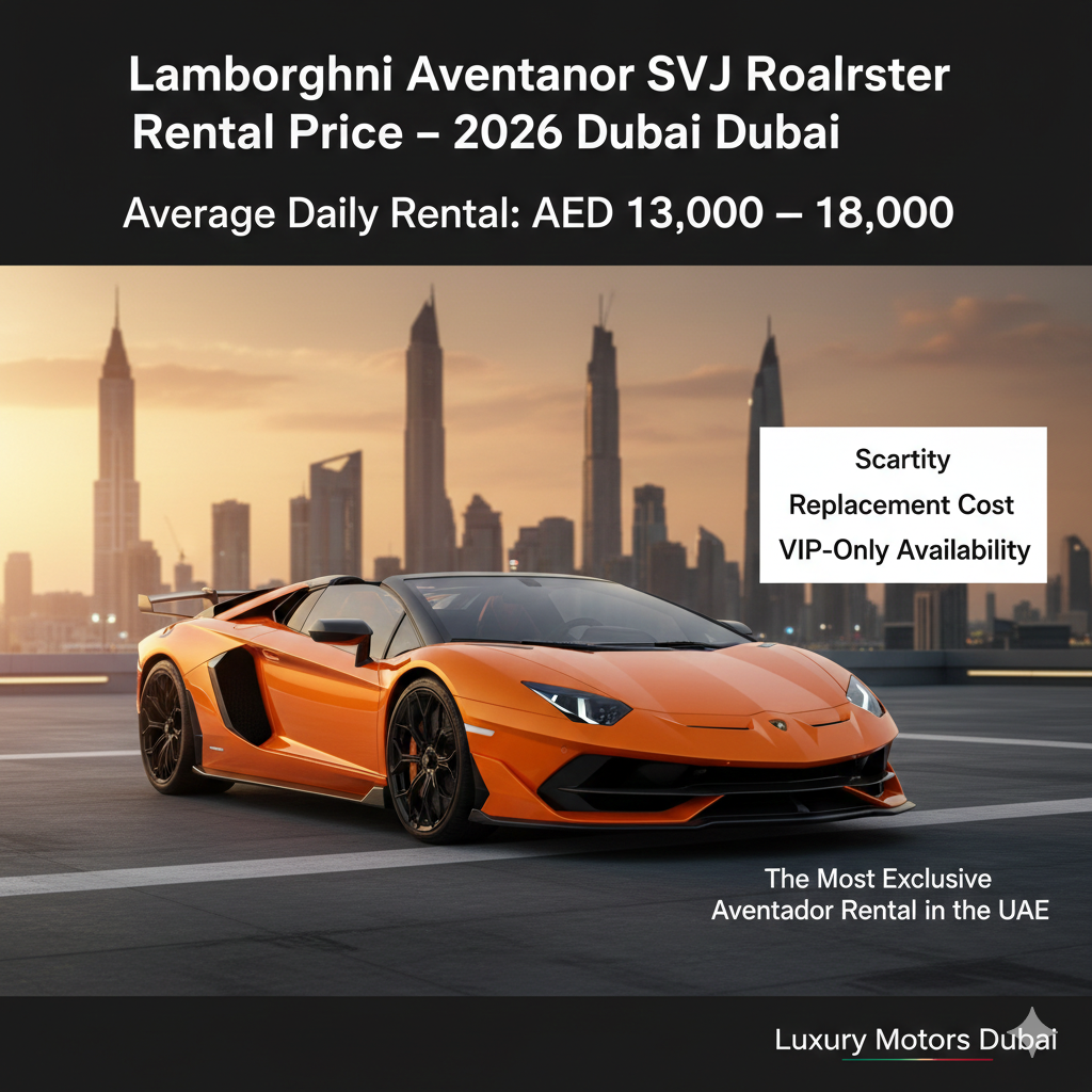 Alt Text: A stunning orange Lamborghini Aventador SVJ Roadster parked on a rooftop with the iconic Dubai skyline in the golden hour background. The graphic identifies this as the most exclusive rental in the UAE, with a premium daily price of AED 13,000 – 18,000.