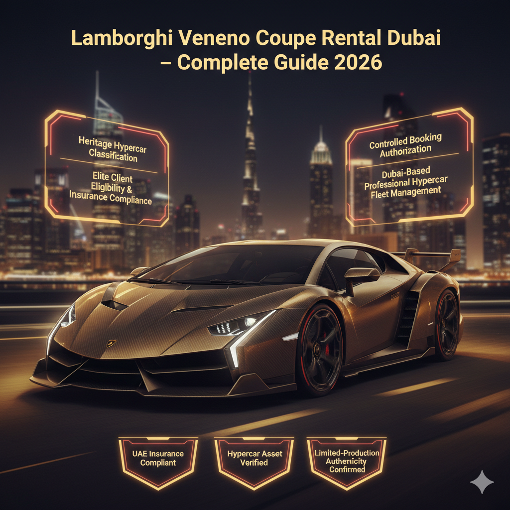 Animated luxury infographic of Lamborghini Veneno Coupe in Dubai with glowing text, neon highlights, Burj Khalifa background, showcasing hypercar rental pricing, requirements, and booking details for 2026
