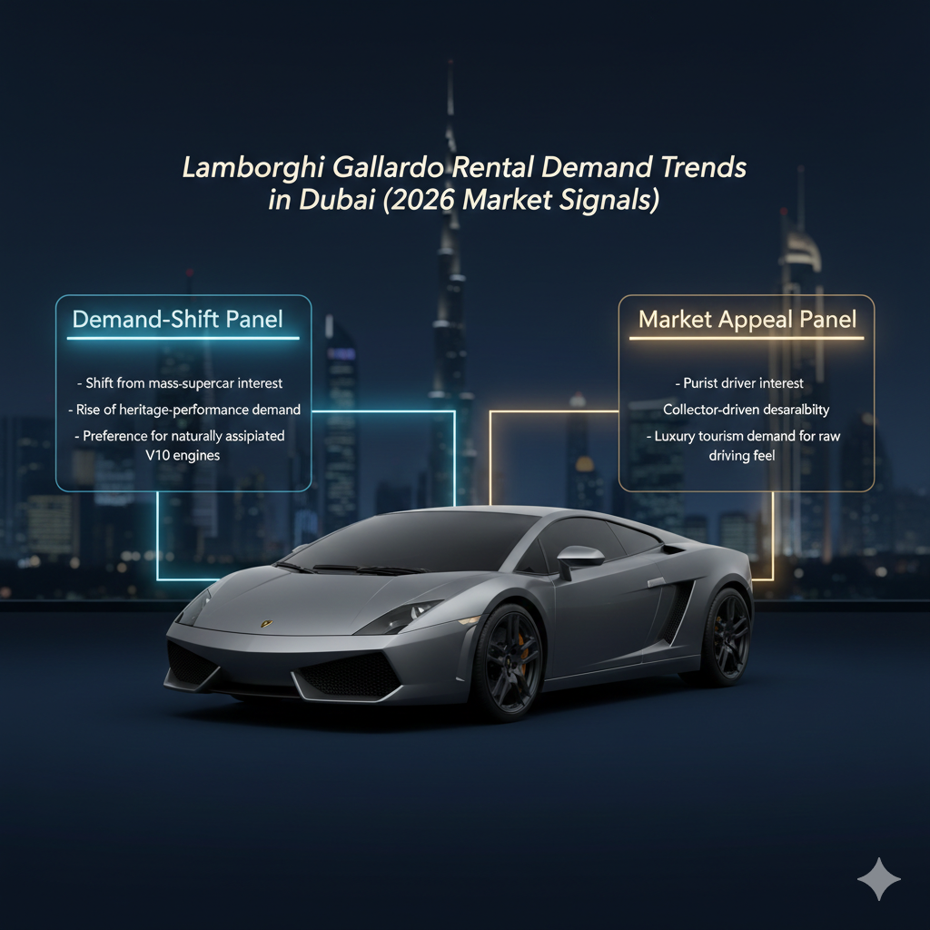 Animated luxury infographic illustrating Lamborghini Gallardo rental demand trends in Dubai for 2026, highlighting the shift toward heritage V10 performance.