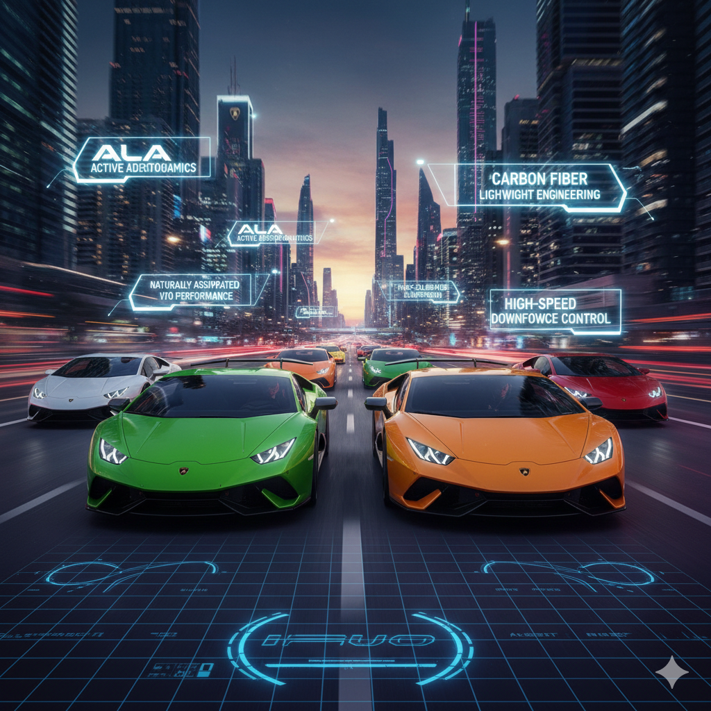Lamborghini Huracan Performante Track-Focused Aerodynamic Supercar Experience in Dubai Multiple Lamborghini Huracan Performante supercars in different colors racing on a futuristic Dubai highway with active aerodynamic spoilers and carbon fiber performance design