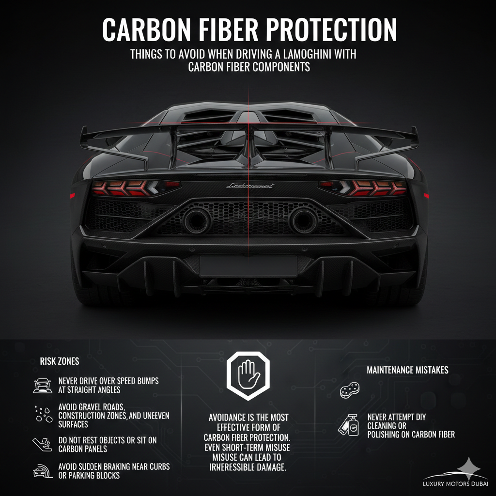 A detailed technical infographic showing the rear of a black Lamborghini Aventador with carbon fiber accents. The graphic lists five critical "don’ts," including avoiding straight-angle speed bumps, gravel roads, and DIY cleaning, to prevent irreversible damage to the composite panels.
