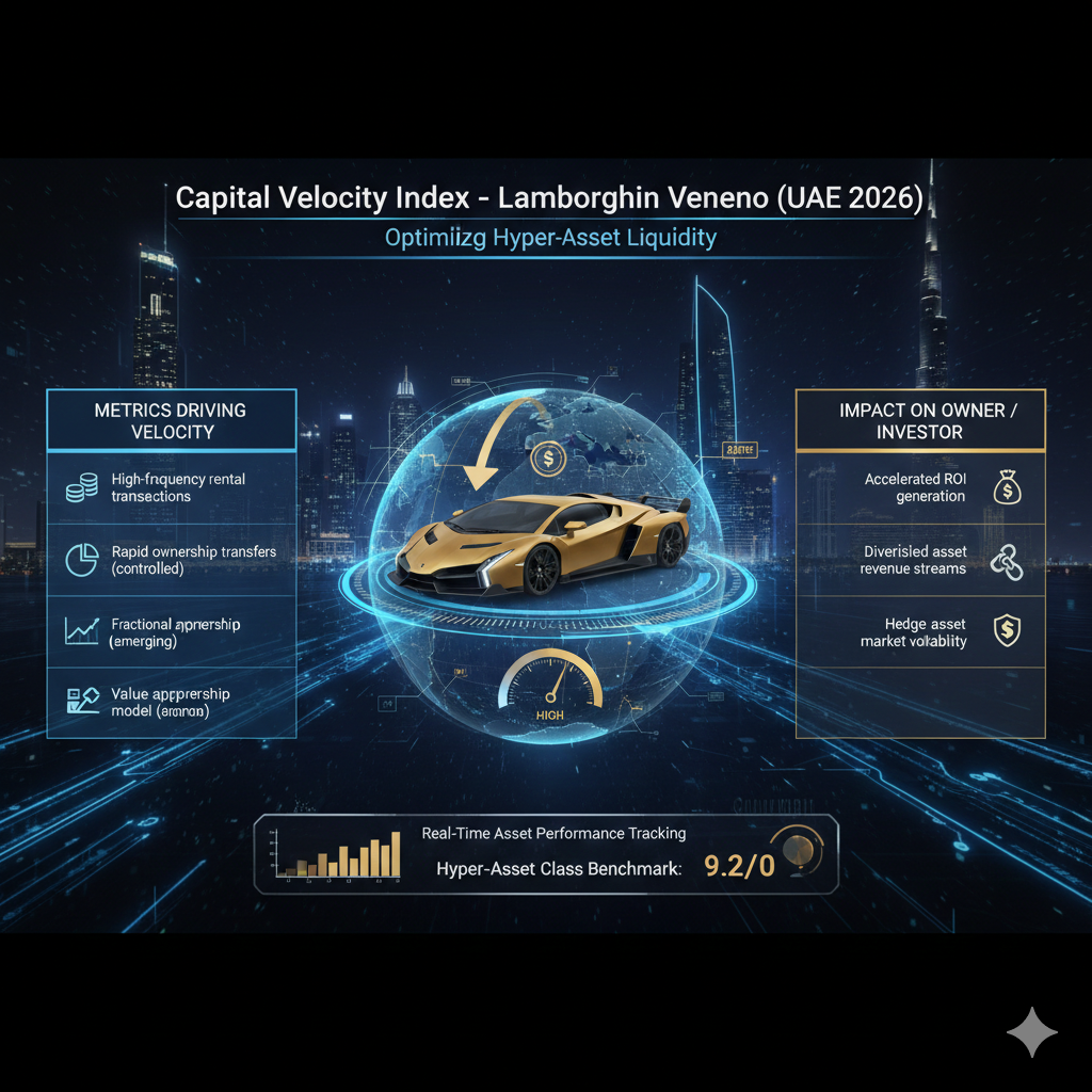 Animated infographic illustrating Lamborghini Veneno rental scarcity economics in Dubai, showing limited rental days, carbon monocoque preservation, V12 longevity control, insurance eligibility protection, and hypercar asset value stabilization.