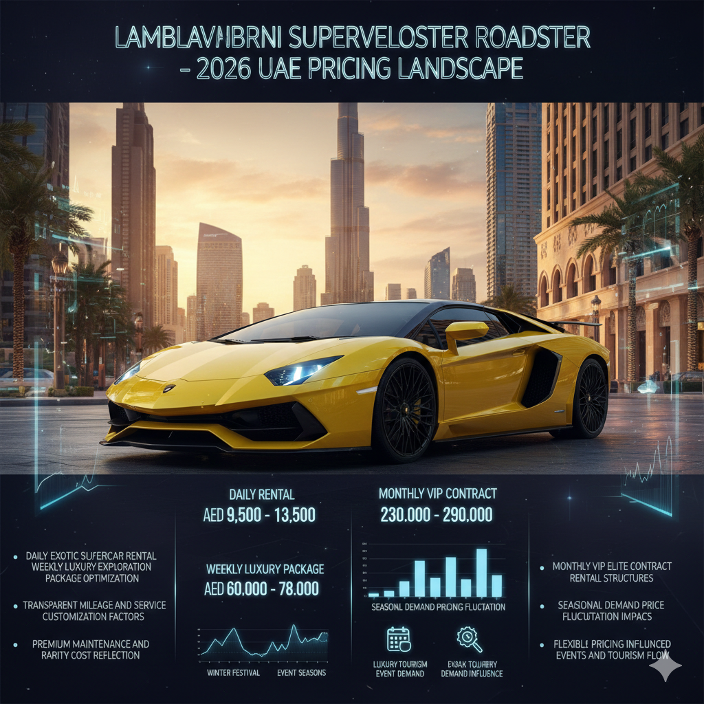 Lamborghini Aventador SuperVeloce Roadster Rental 2026 Pricing Landscape in UAE Exotic Car Market Yellow Lamborghini Aventador SuperVeloce Roadster parked in Dubai luxury district representing 2026 exotic supercar rental pricing comparison