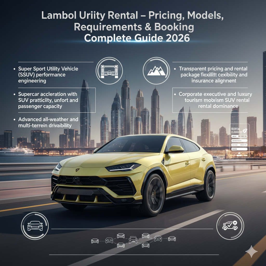 Yellow Lamborghini Urus luxury super SUV parked in Dubai skyline district highlighting executive performance and premium rental experience