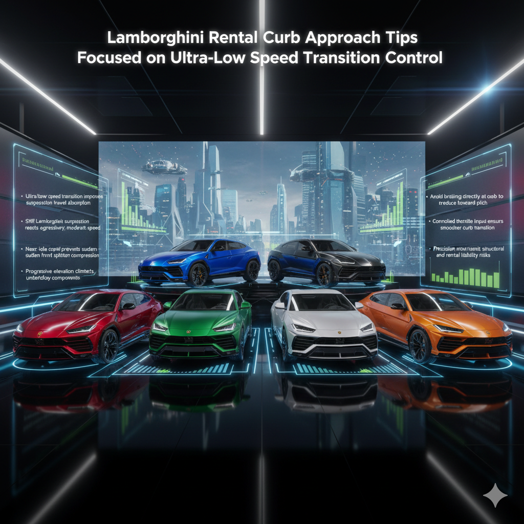 Futuristic Lamborghini training infographic showing a luxury Lamborghini SUV with holographic side panels explaining ultra-low speed curb transition techniques and suspension control during rental driving.
