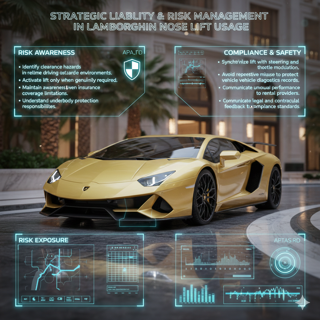 Strategic Lamborghini Nose Lift Risk Management Guide for Luxury Rental Safety Metallic yellow Lamborghini supercar navigating luxury hotel ramp with activated nose lift, surrounded by futuristic liability and diagnostic safety overlays in premium Dubai environment.
