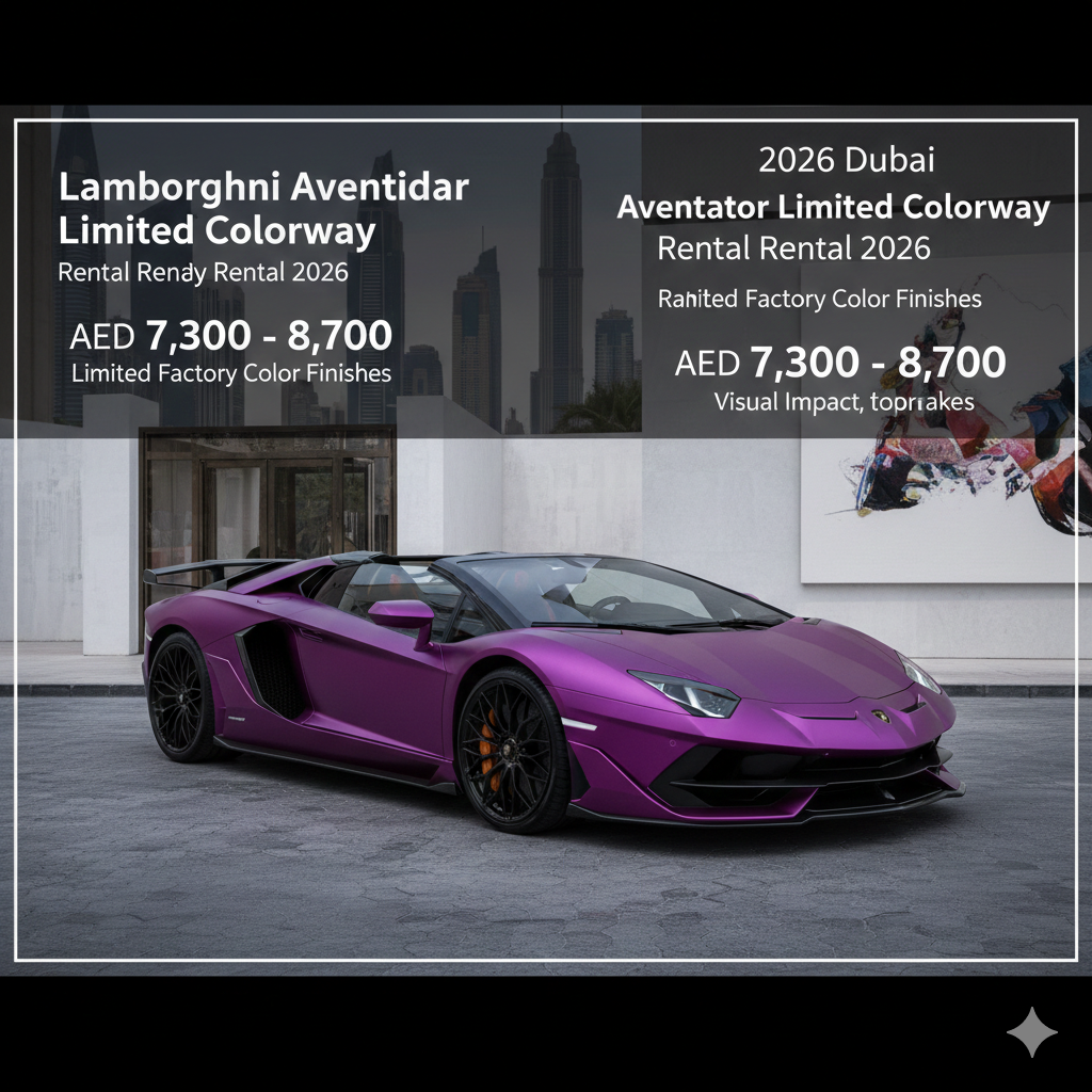A high-end editorial graphic featuring a Lamborghini Aventador Roadster in a stunning matte "Viola Mithras" purple. The background shows a modern Dubai villa with the Burj Khalifa in the distance. Text overlays indicate a daily rental price of AED 7,300 – 8,700 for limited factory color finishes.