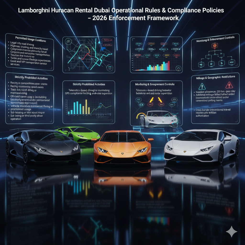 Lamborghini Huracan Rental Dubai Operational Rules & Compliance Policies – 2026 Enforcement Framework Futuristic Lamborghini rental compliance infographic showing Huracan performance models with holographic panels explaining permitted driving conditions, prohibited activities, telematics monitoring, mileage limits, and geographic restrictions.