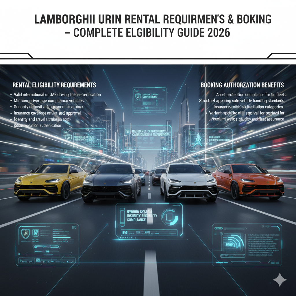 Multiple Lamborghini Urus models in different colors displayed on animated Dubai luxury highway with rental eligibility verification checklist, booking authorization infographic, and compliance requirement overlays