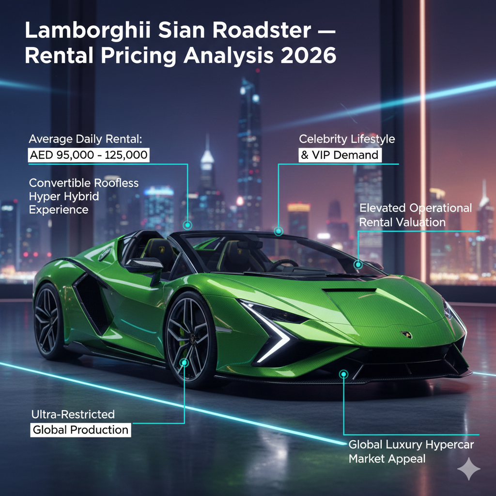 Cinematic Lamborghini Sián Roadster hypercar in luxury poster with top headline and animated side points showing Dubai rental pricing, convertible exclusivity, and VIP lifestyle appeal for 2026.