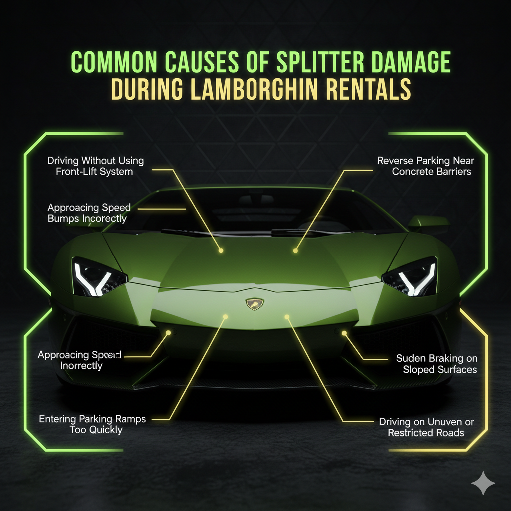 Luxury automotive awareness layout showing a Lamborghini front splitter with highlighted risk areas. The design displays common causes of splitter damage around the vehicle including failure to use the front-lift system, incorrect speed bump approach, unsafe parking ramp entry, reverse parking near concrete blocks, sudden braking on slopes, and driving on uneven or unauthorized roads.