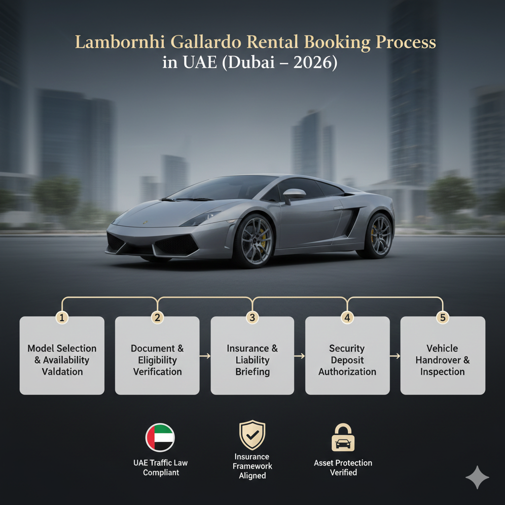 Animated luxury infographic showing the Lamborghini Gallardo rental booking process in Dubai for 2026.
