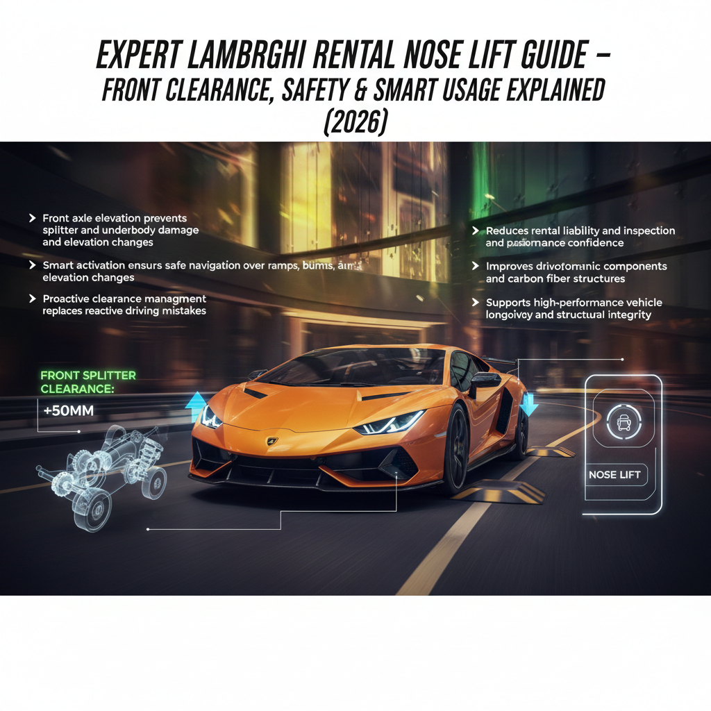 Expert Lamborghini Rental Nose Lift system demonstration showing front suspension elevation protecting splitter and underbody from scrapes during ramp or speed bump approach.