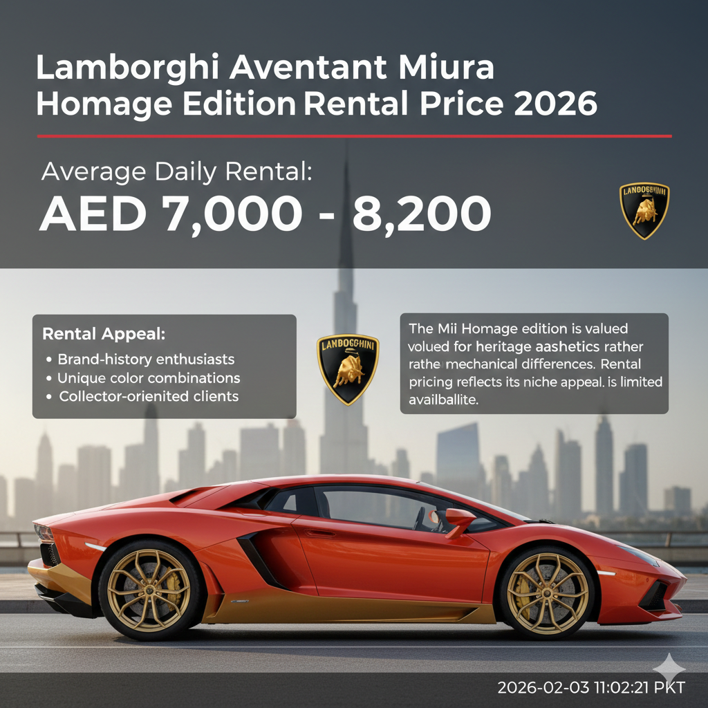 A profile view of a Lamborghini Aventador Miura Homage in classic red and gold livery against the Dubai skyline. The infographic lists a daily rental price of AED 7,000 – 8,200, highlighting its appeal to brand-history enthusiasts and collectors.