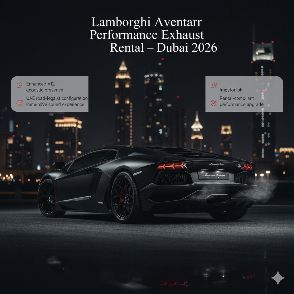 Lamborghini Aventador performance exhaust edition rental in Dubai showcasing upgraded road-legal exhaust system and enhanced V12 sound experience in 2026.