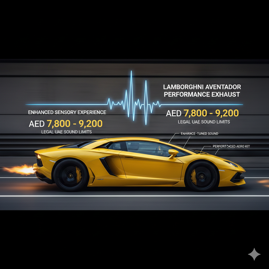 A sleek, dark grey Lamborghini Aventador driving on a professional track with a visual audio waveform overlay. The graphic highlights the "Enhanced Sensory Experience" of the performance exhaust system and lists a daily rental price of AED 7,800 – 9,200, noting compliance with UAE sound limits.