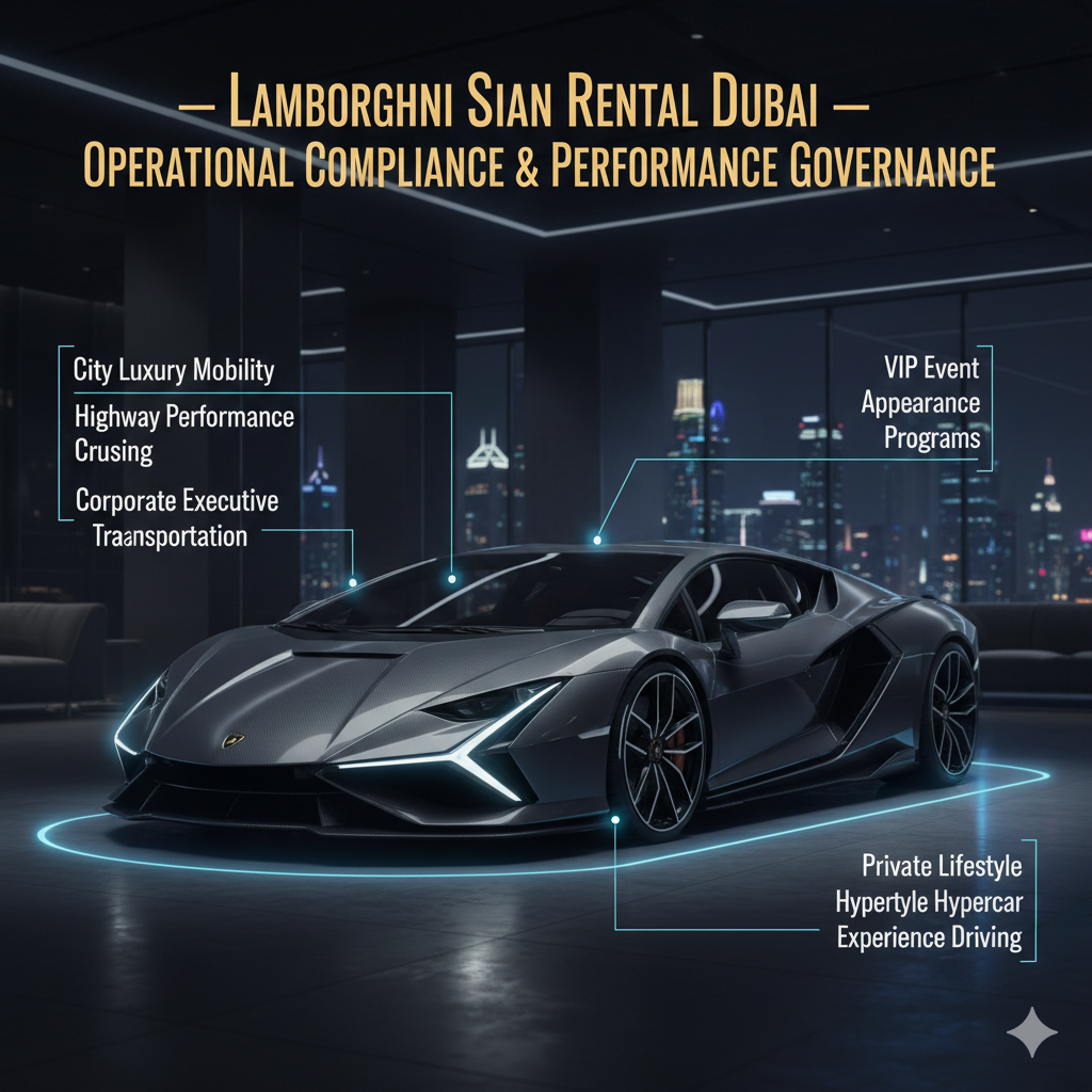 Ultra-realistic Lamborghini Sián hypercar poster with top headline and animated side points showing approved driving environments and operational compliance regulations for Dubai luxury rentals.