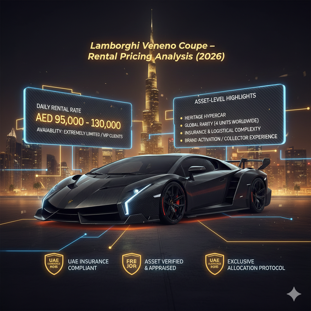 Animated luxury infographic of Lamborghini Veneno Coupe in Dubai with neon-glow pricing text, carbon-fiber hypercar styling, illuminated Burj Khalifa skyline, illustrating 2026 UAE hypercar rental pricing analysis