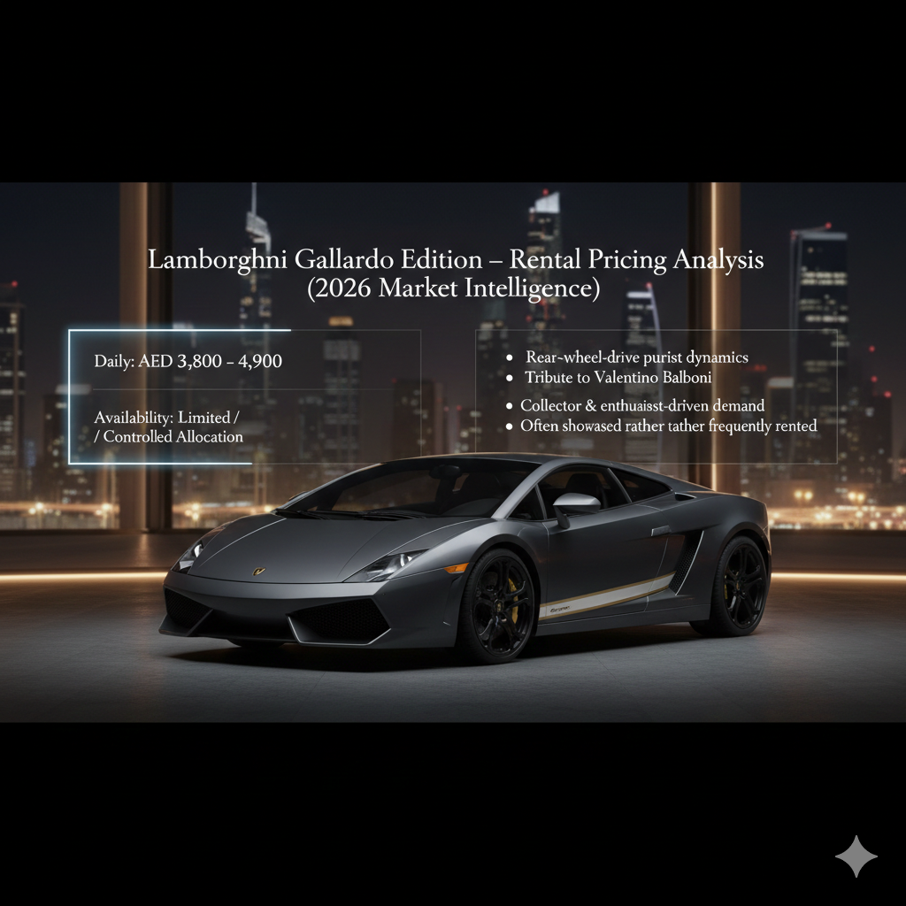 Animated luxury infographic showing Lamborghini Gallardo Balboni Edition rental pricing and heritage value in Dubai.