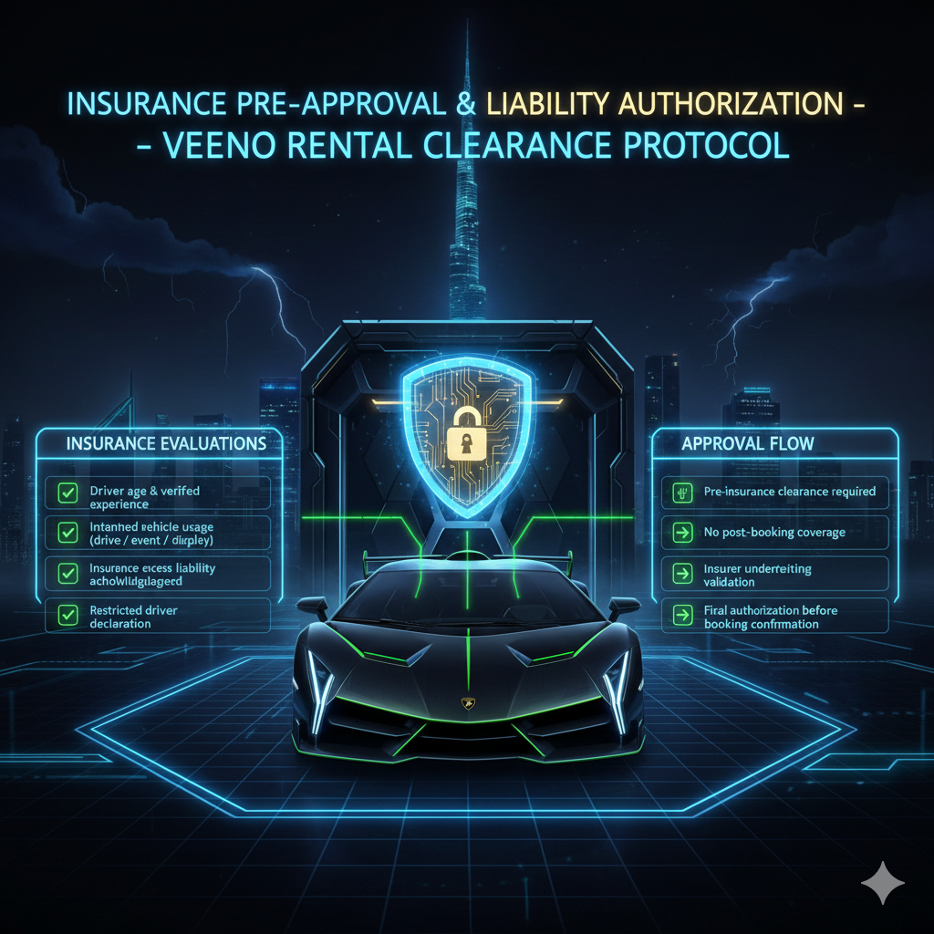 Animated luxury infographic showing a Lamborghini Veneno under insurance authorization with holographic approval shields, illustrating driver evaluation, liability acknowledgment, and pre-insurance clearance required for Veneno rentals in Dubai.