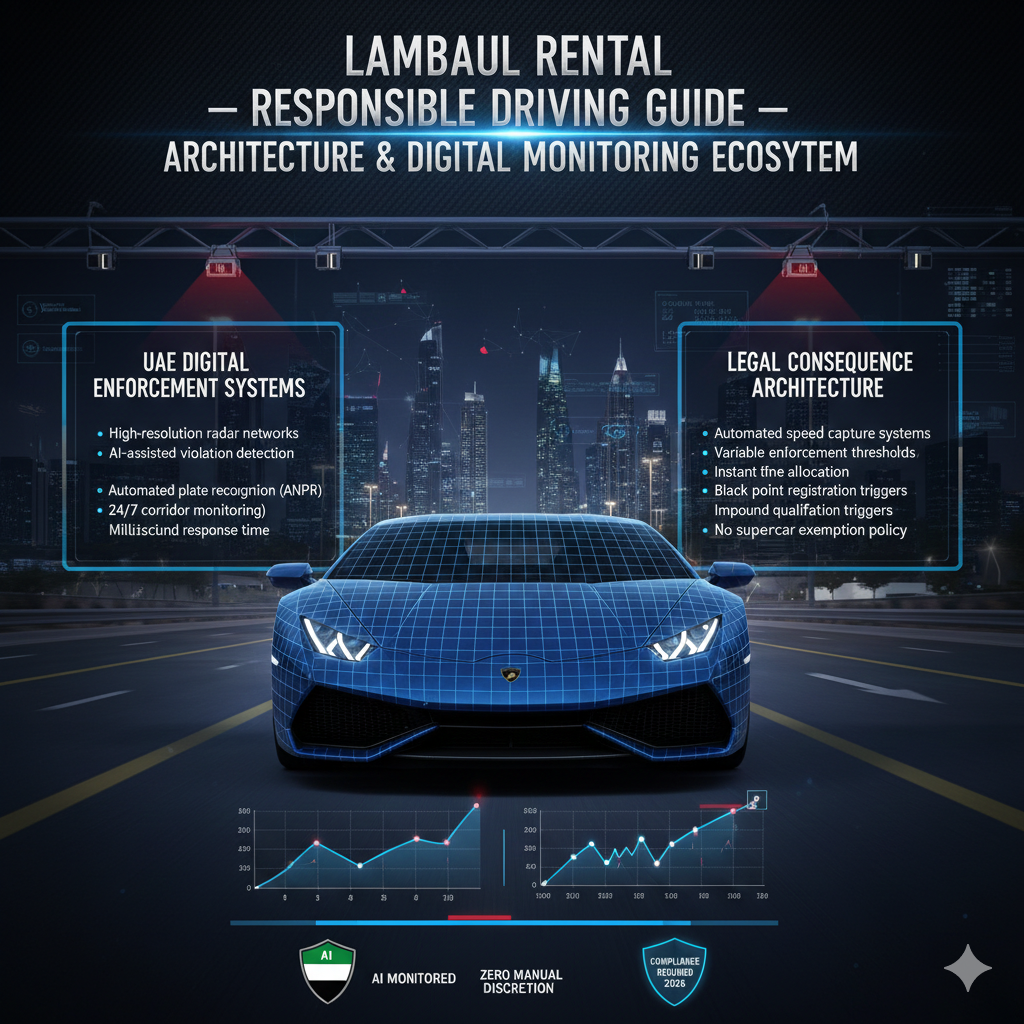 Blue and black Lamborghini on Dubai highway at night with AI radar scanning overlays, digital plate recognition graphics, and enforcement architecture visuals highlighting UAE legal monitoring systems.