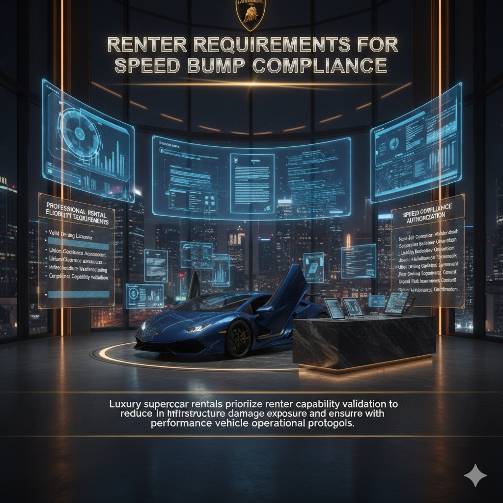 Lamborghini supercar displayed inside luxury rental verification lounge showing renter compliance and authorization environment