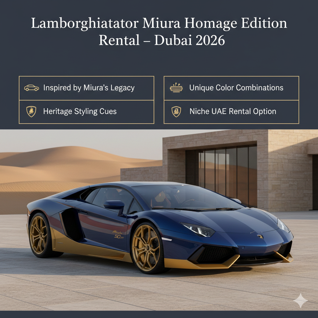A luxury editorial showcase of a blue and gold Lamborghini Aventador Miura Homage Edition parked at a minimalist Dubai desert estate. The image features a premium infographic layout with text highlighting its V12 heritage styling and exclusive UAE rental availability.