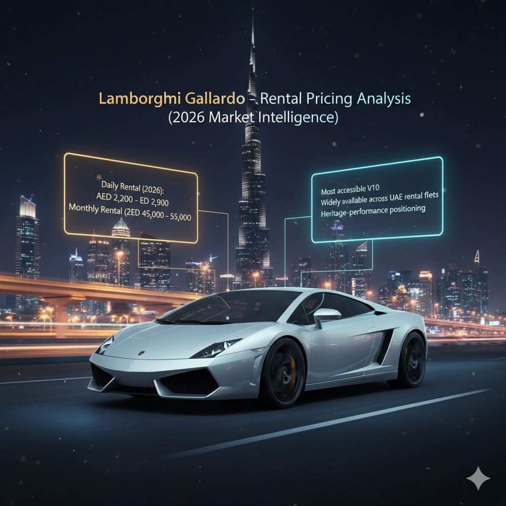 Animated luxury infographic showing a Lamborghini Gallardo against a futuristic Dubai skyline with Burj Khalifa, displaying 2026 rental pricing ranges and market positioning within the UAE luxury supercar rental sector.