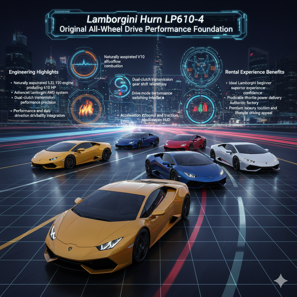 Lamborghini Huracan LP610-4 Rental Original AWD V10 Performance Foundation Guide Multiple Lamborghini Huracan LP610-4 AWD supercars in different signature colors driving together on luxury Dubai highway showcasing balanced V10 performance and traction stability