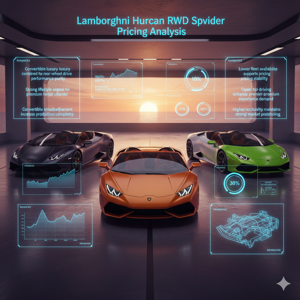 Lamborghini Huracan RWD Spyder Pricing Analysis Futuristic luxury infographic showing multiple Lamborghini Huracan RWD Spyder convertible cars with holographic panels displaying rental pricing range, lifestyle appeal, and fleet availability impact.