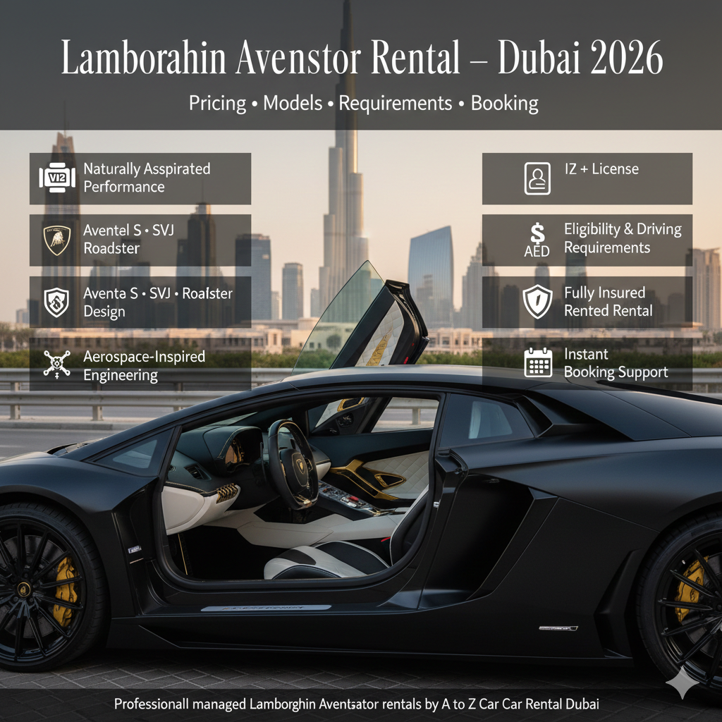 A matte black Lamborghini Aventador with its scissor door open, revealing a bespoke gold and white leather custom interior. Parked in Dubai with the Burj Khalifa in the background.