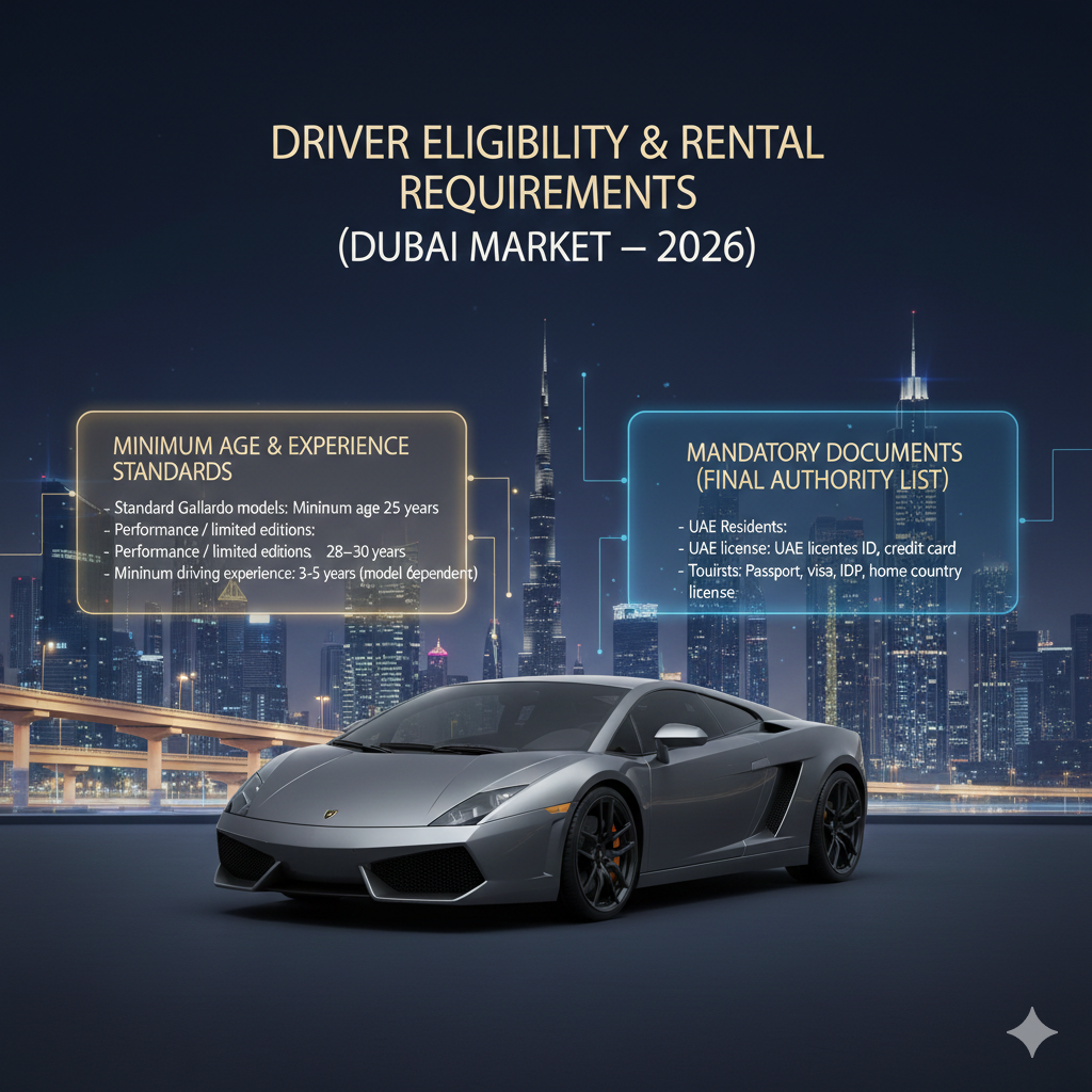 Animated luxury infographic outlining driver eligibility and rental document requirements for Lamborghini Gallardo rentals in Dubai (2026).