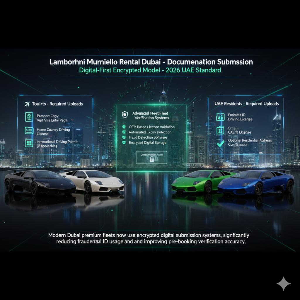 “Cinematic ultra-realistic infographic showing Lamborghini Murcielago rental documentation submission system in Dubai 2026. Displays passport upload, Emirates ID verification, OCR-based license validation, automated expiry detection, and encrypted digital fraud screening in blue and green neon luxury verification interface.”