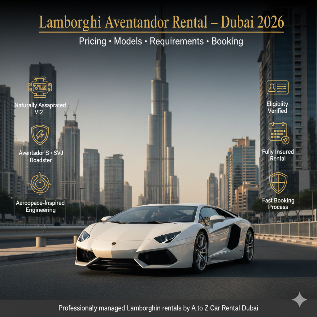 Lamborghini Aventador rental Dubai guide image showing V12 supercar with pricing, models, requirements, and booking information for 2026
