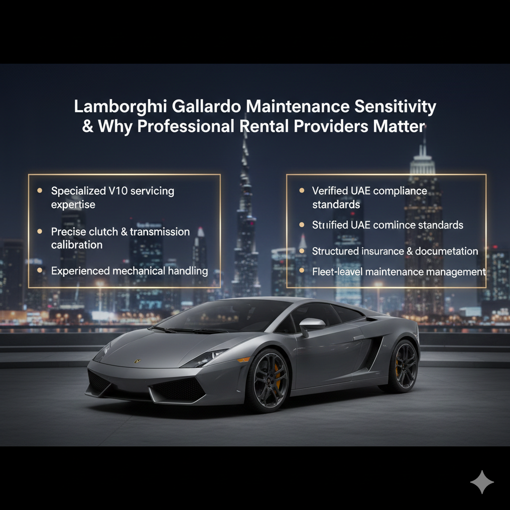Animated luxury infographic highlighting Lamborghini Gallardo maintenance sensitivity and the importance of professional rental providers in Dubai’s premium supercar market.