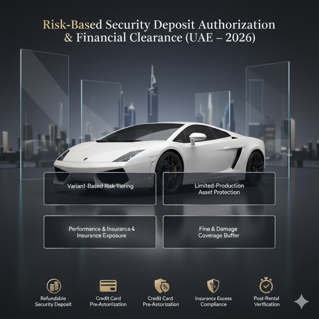 Animated luxury infographic explaining security deposit authorization and financial clearance for Lamborghini Gallardo rentals in Dubai.