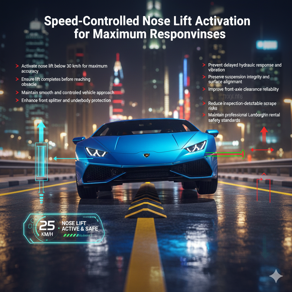 Speed-Controlled Lamborghini Nose Lift Activation for Maximum Front Clearance Safety Lamborghini nose lift system activating below 30 km/h showing front suspension elevation for safe ramp and speed bump clearance while protecting splitter and underbody components.
