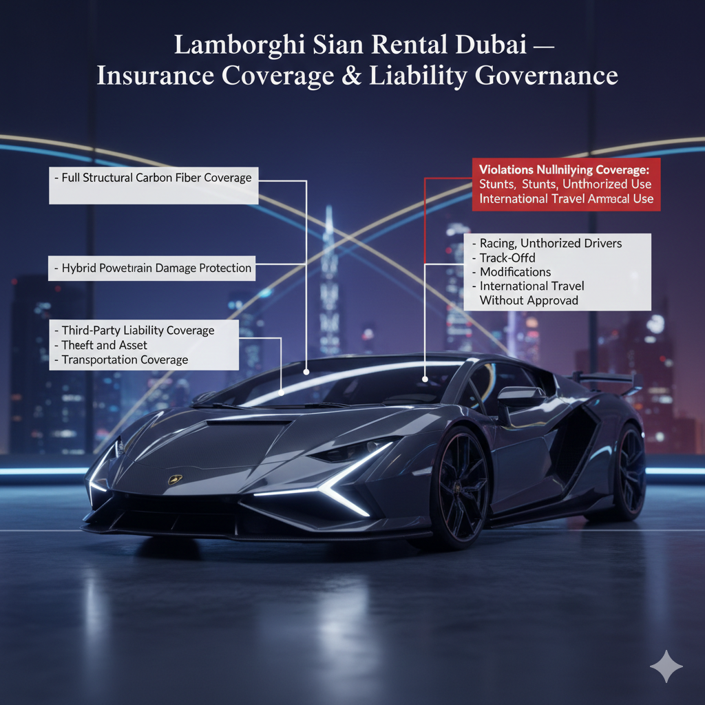 Ultra-realistic Lamborghini Sián hypercar poster with top headline and animated side points showing Dubai rental insurance coverage, liability governance, and violation scenarios for hypercars.