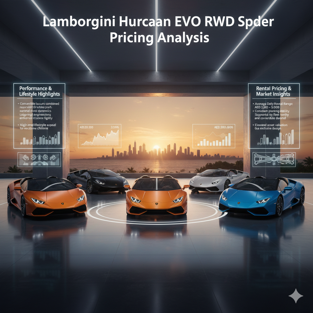 Lamborghini Huracan EVO RWD Spyder Pricing Analysis Luxury Lamborghini Huracan EVO RWD Spyder pricing infographic showing convertible rear-wheel performance models with holographic panels highlighting driving engagement, lifestyle appeal, and rental pricing range.