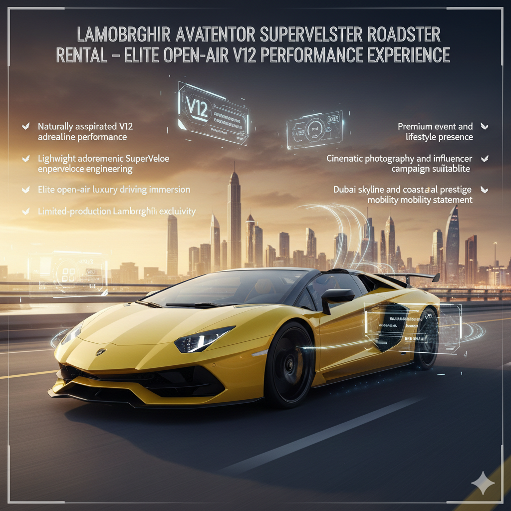 Yellow Lamborghini Aventador SuperVeloce Roadster driving open roof through Dubai skyline luxury highway at sunset