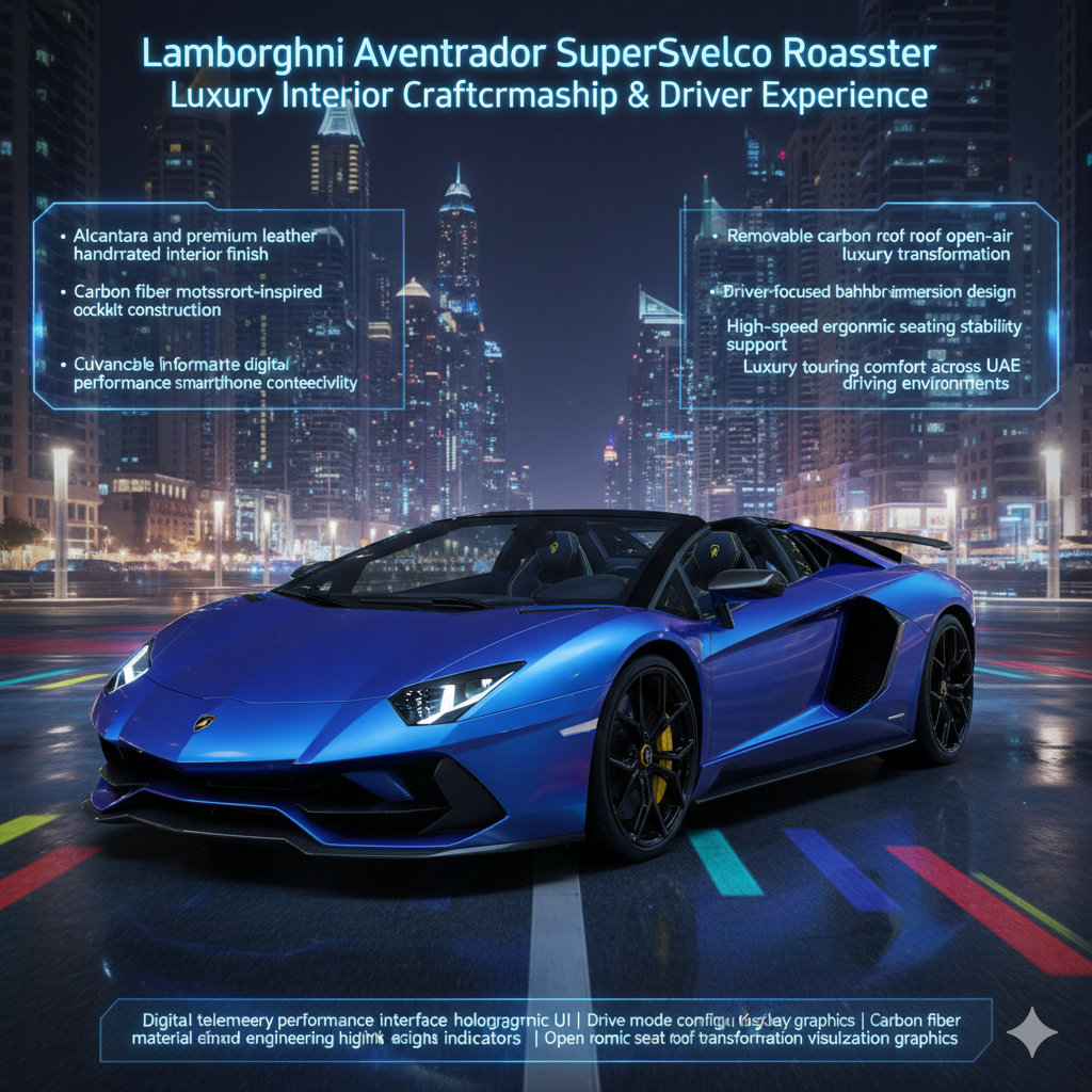Lamborghini Aventador SuperVeloce Roadster Luxury Interior Craftsmanship and Driver Immersion Experience Lamborghini Aventador SuperVeloce Roadster interior showing Alcantara dashboard, carbon fiber trims, digital performance cluster, and luxury cockpit seating