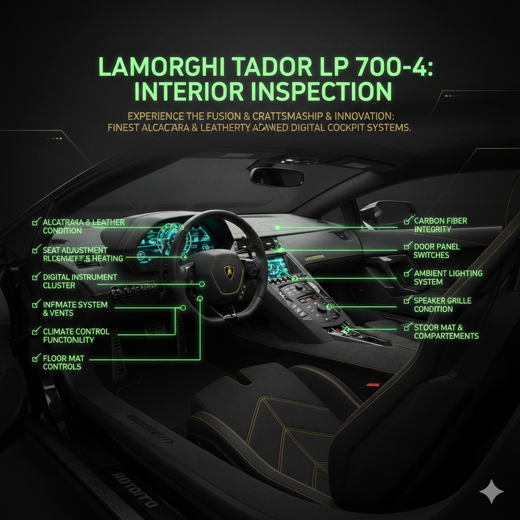 Luxury inspection layout showing a Lamborghini Aventador interior with the car centered. Definition text appears at the top while inspection checklist points are displayed stylishly on both left and right sides of the car, including seat leather condition, Alcantara dashboard wear, infotainment system operation, climate control performance, steering wheel alignment, seat adjustment controls, door panel functionality, and digital instrument cluster accuracy.