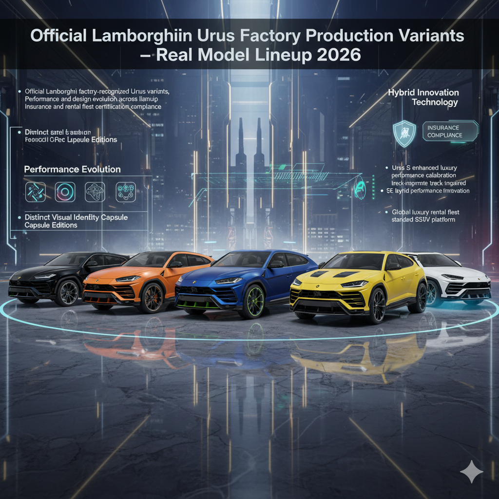 Multiple Lamborghini Urus factory models including Base Urus, Pearl Capsule, Graphite Capsule, Urus S, Urus Performante, and Urus SE displayed in luxury Dubai environment