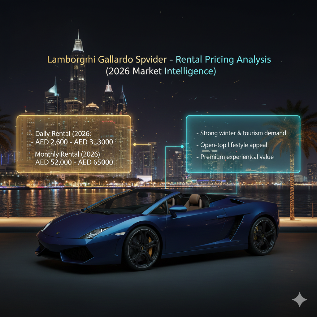 Animated luxury infographic showing a Lamborghini Gallardo Spyder with its roof open against an animated Dubai marina-style skyline, presenting 2026 rental pricing and lifestyle-focused market positioning.