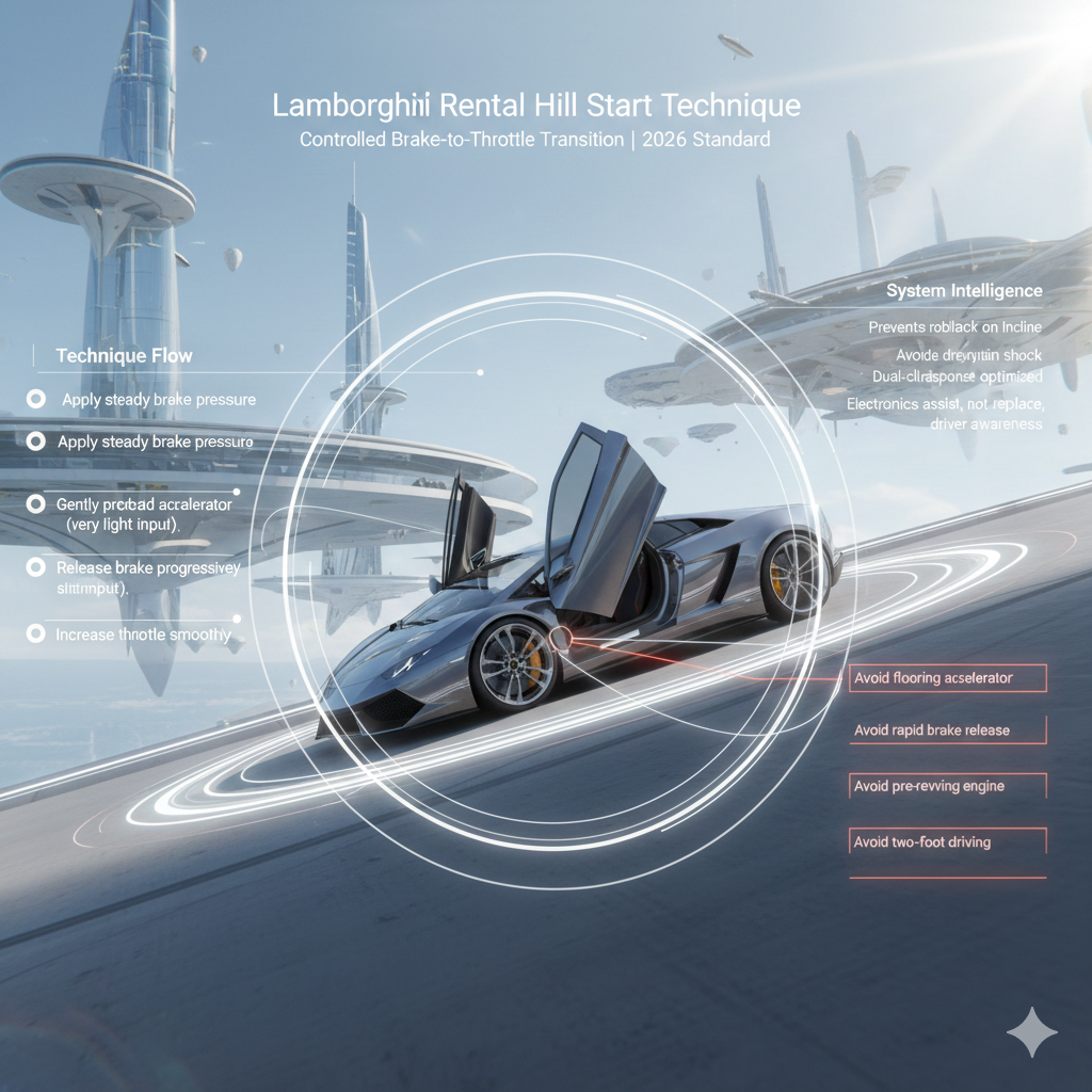 A futuristic luxury motion-design scene showing a Lamborghini on an incline, surrounded by glowing HUD rings and floating architectural elements, illustrating proper brake-to-throttle hill start technique for rental safety.