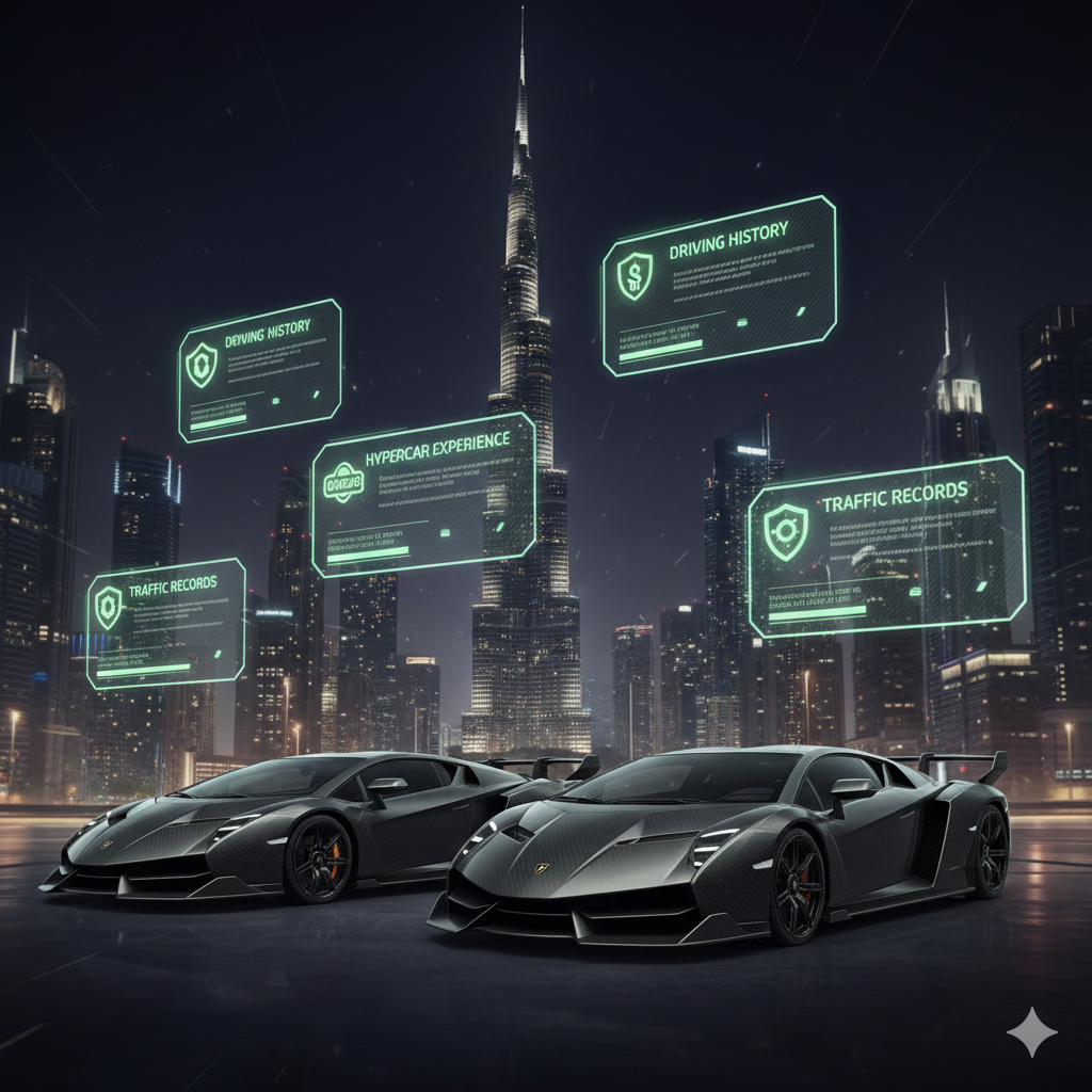Animated luxury infographic of Lamborghini Veneno Coupe and Roadster in Dubai with neon-glow risk screening text, carbon-fiber UI panels, Burj Khalifa skyline, illustrating advanced hypercar client evaluation process