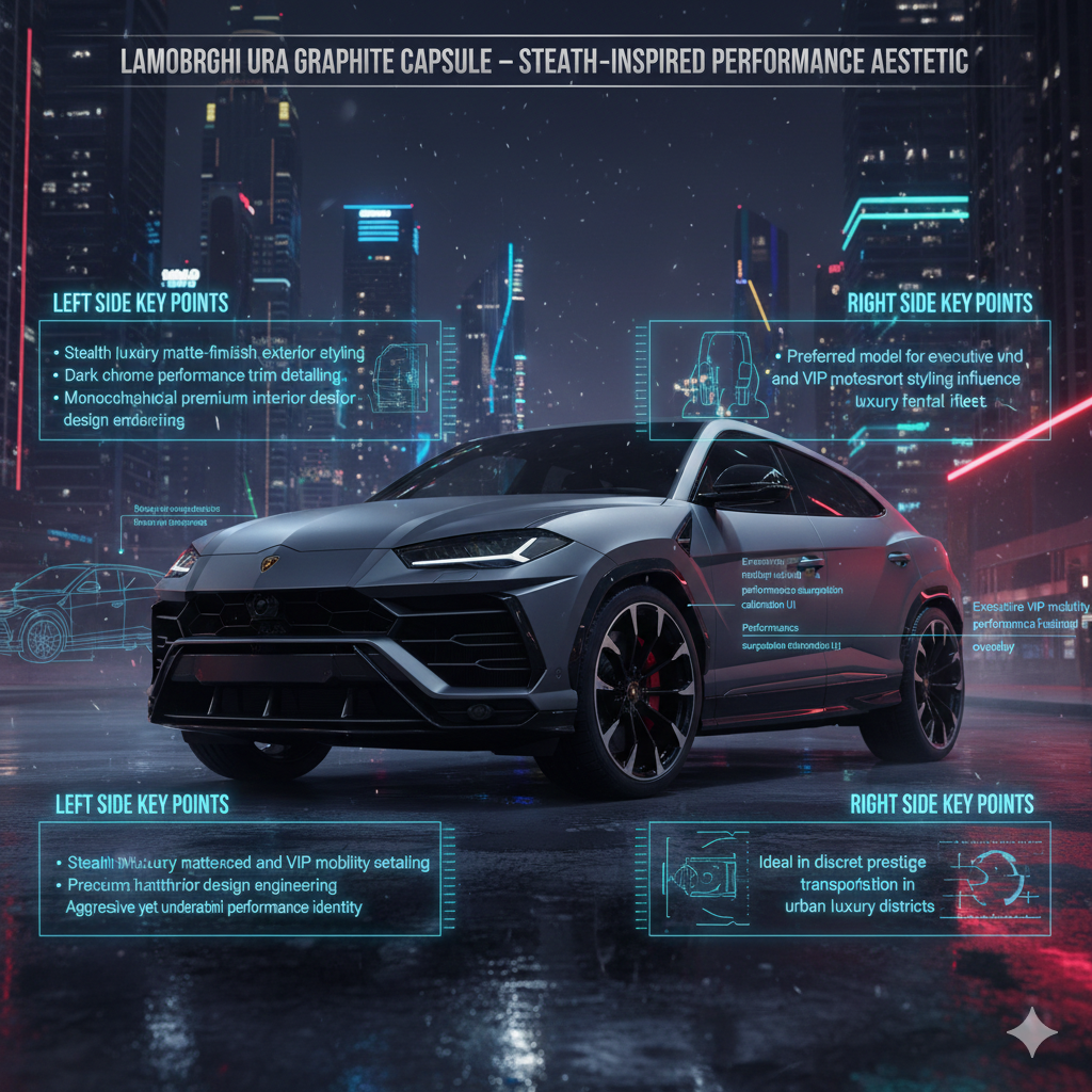 Lamborghini Urus Graphite Capsule matte stealth luxury SUV with dark chrome accents driving in Dubai city night environment