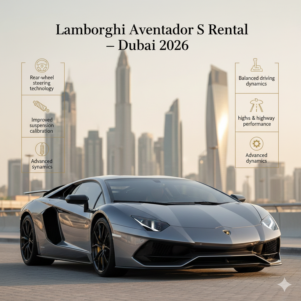 Lamborghini Aventador S rental in Dubai featuring advanced driving technology, rear-wheel steering, and balanced V12 performance for city and highway driving in 2026.