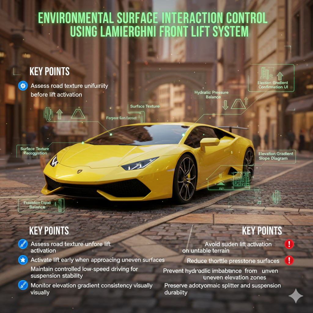 Lamborghini Rental Front Lift Usage for Environmental Surface Interaction Control Standards Lamborghini supercar activating front lift system while driving over cobblestone and textured luxury roadway surfaces in Dubai